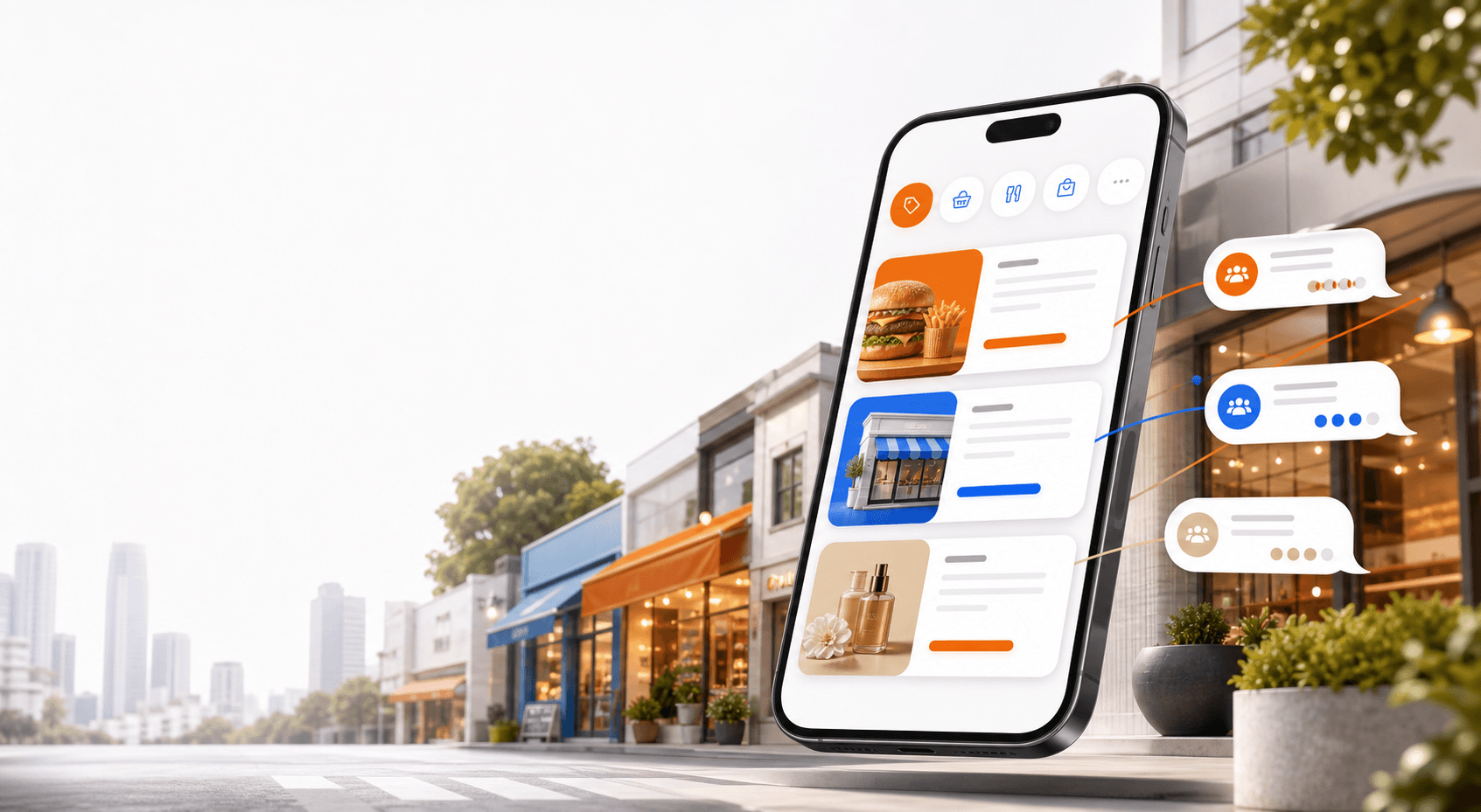 Promoções locais organizadas em um celular com comércio da cidade ao fundo